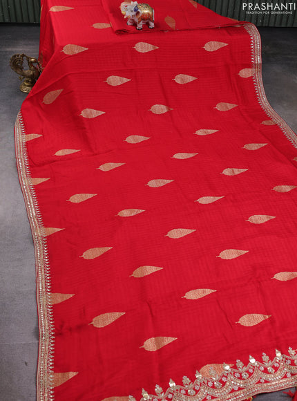 Banarasi silk saree red with allover self emboss checks & zari buttas and gotapatti embroidery border