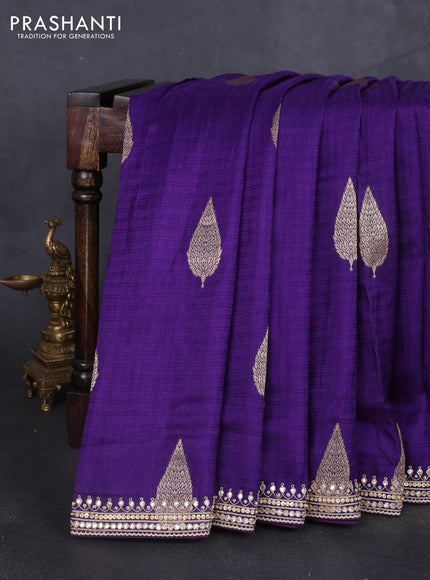 Banarasi silk saree violet with allover self emboss checks & zari buttas and gotapatti embroidery border