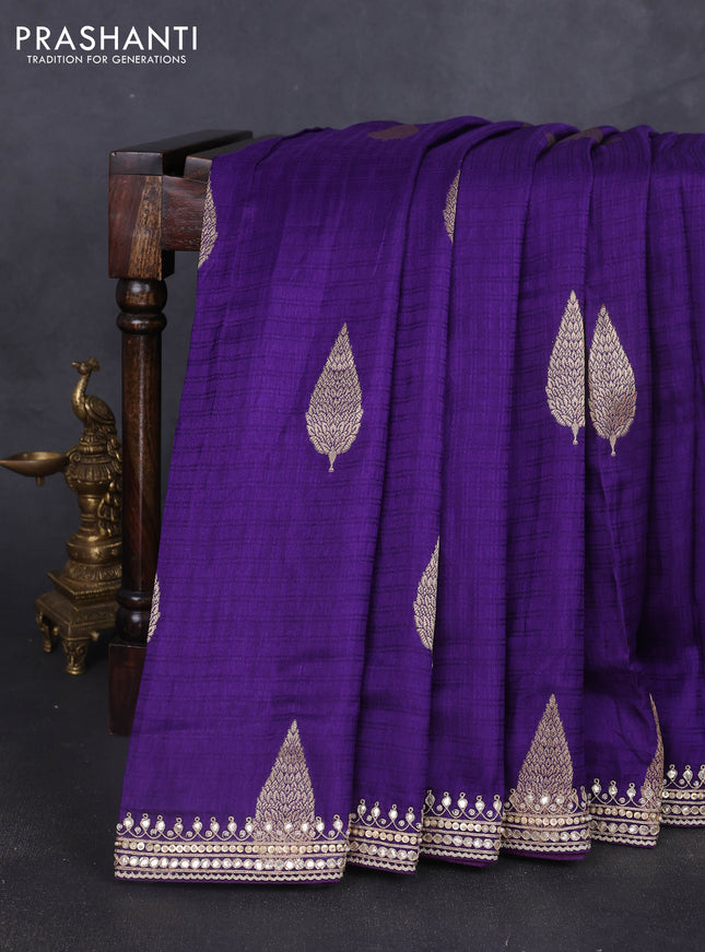 Banarasi silk saree violet with allover self emboss checks & zari buttas and gotapatti embroidery border