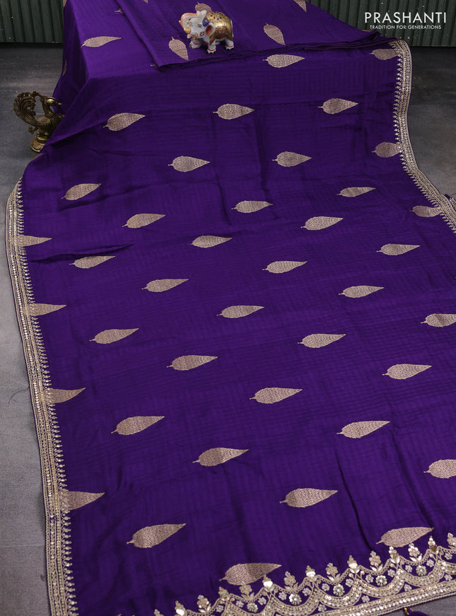 Banarasi silk saree violet with allover self emboss checks & zari buttas and gotapatti embroidery border