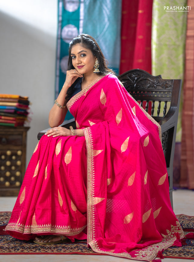 Banarasi silk saree pink with allover self emboss checks & zari buttas and gotapatti embroidery border