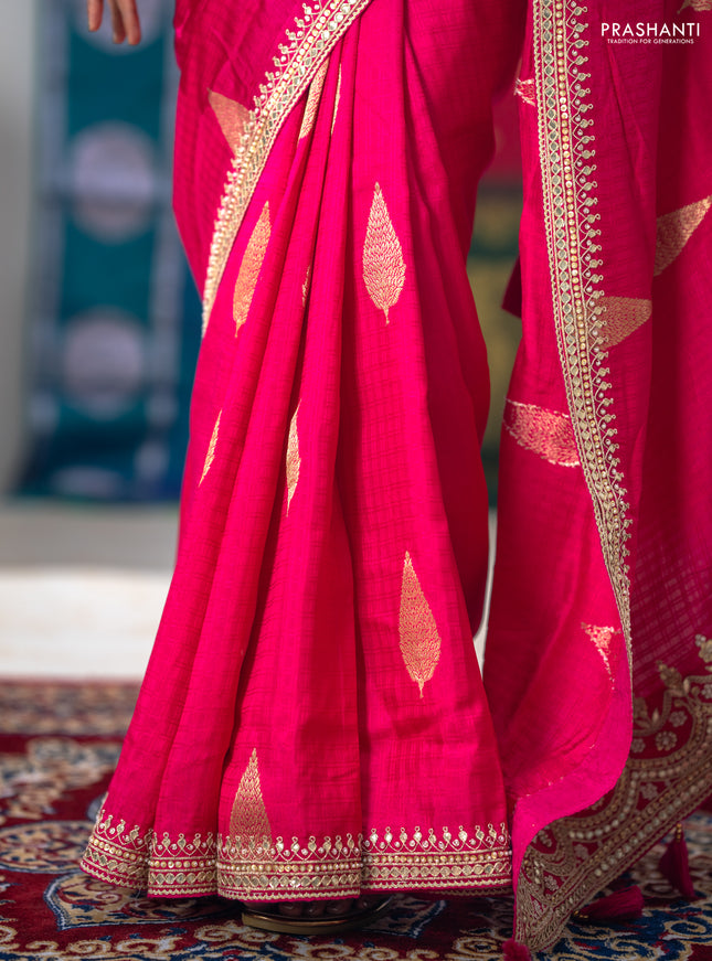 Banarasi silk saree pink with allover self emboss checks & zari buttas and gotapatti embroidery border