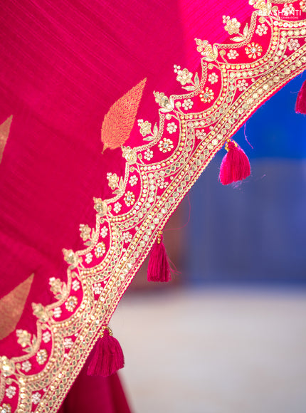 Banarasi silk saree pink with allover self emboss checks & zari buttas and gotapatti embroidery border