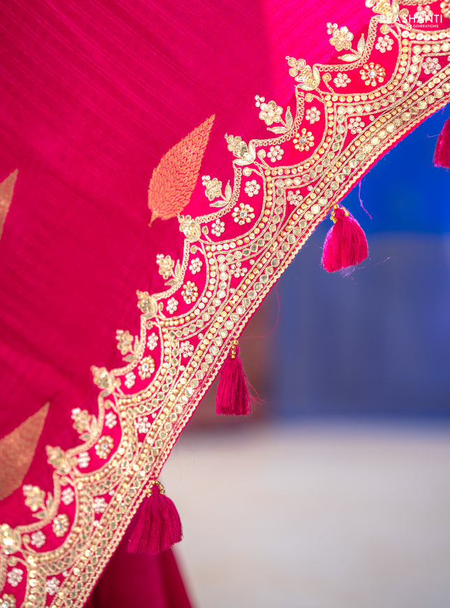 Banarasi silk saree pink with allover self emboss checks & zari buttas and gotapatti embroidery border