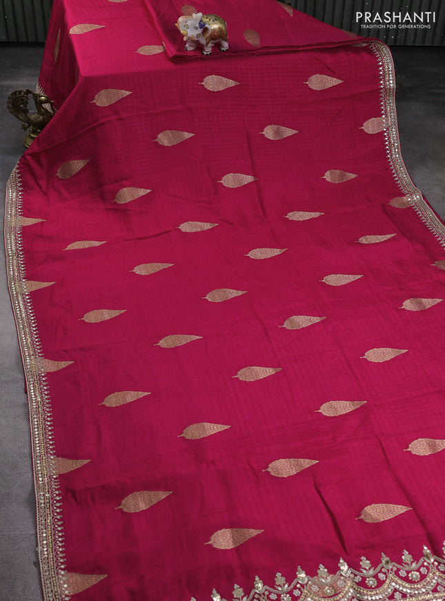 Banarasi silk saree pink with allover self emboss checks & zari buttas and gotapatti embroidery border