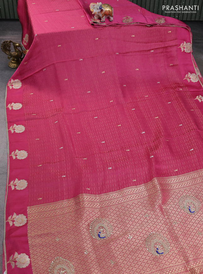 Banarasi silk saree onion pink with allover zari woven brocade weaves and embroidery pallu & zari woven butta border
