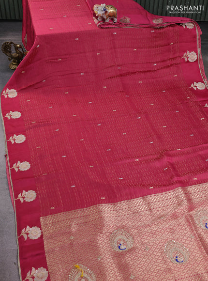 Banarasi silk saree pink with allover zari woven brocade weaves and embroidery pallu & zari woven butta border