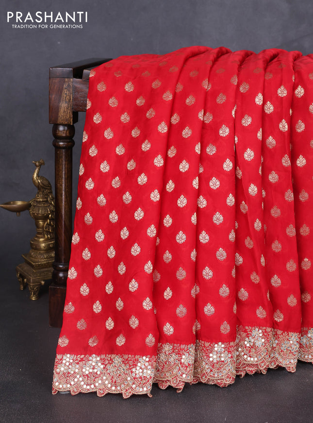 Banarasi silk saree red with allover zari woven buttas and mirror work embroidery border