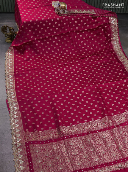 Banarasi silk saree pink with allover zari woven buttas and mirror work embroidery border