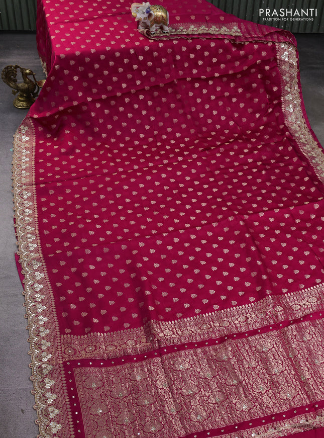 Banarasi silk saree pink with allover zari woven buttas and mirror work embroidery border