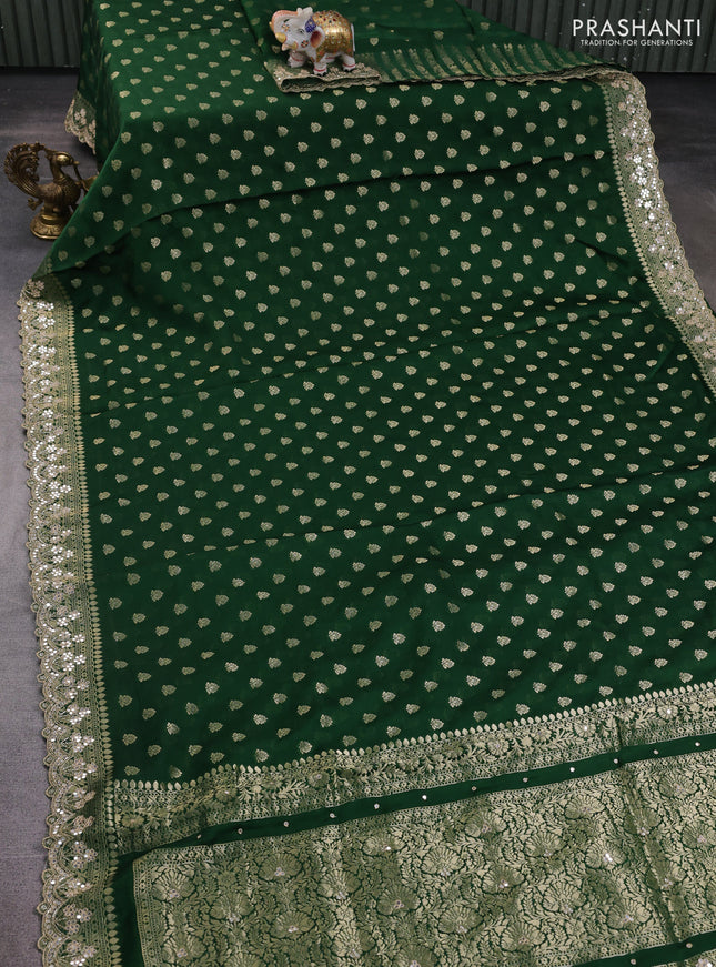 Banarasi silk saree green with allover zari woven buttas and mirror work embroidery border