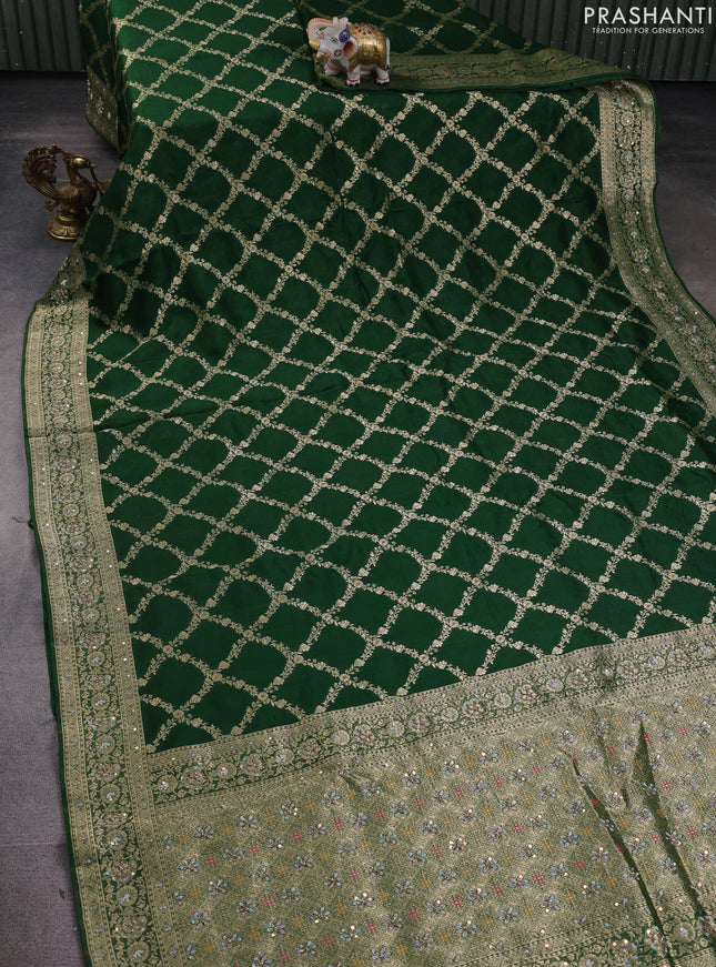Banarasi silk saree bottle green with allover zari weaves and sequin work & zari border