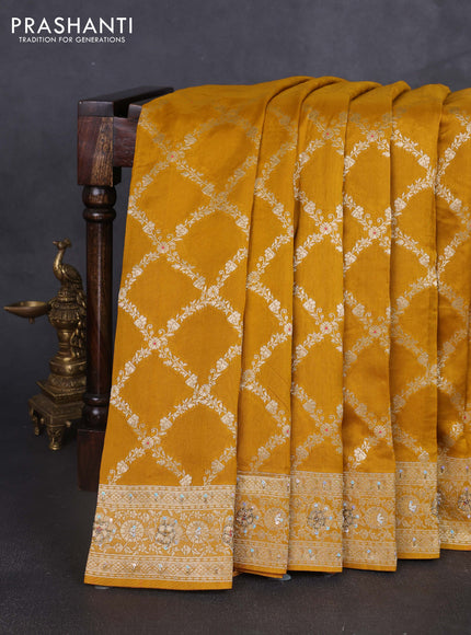 Banarasi silk saree mustard yellow with allover zari weaves and sequin work & zari border