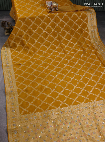 Banarasi silk saree mustard yellow with allover zari weaves and sequin work & zari border