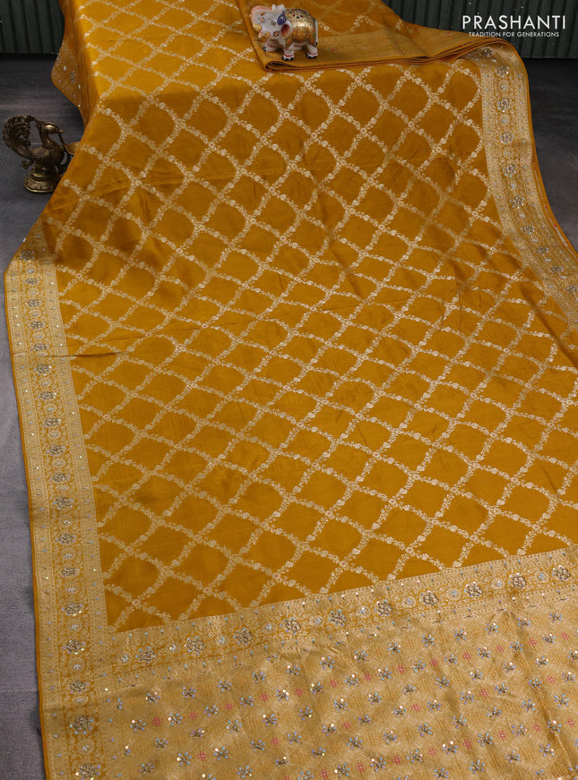 Banarasi silk saree mustard yellow with allover zari weaves and sequin work & zari border