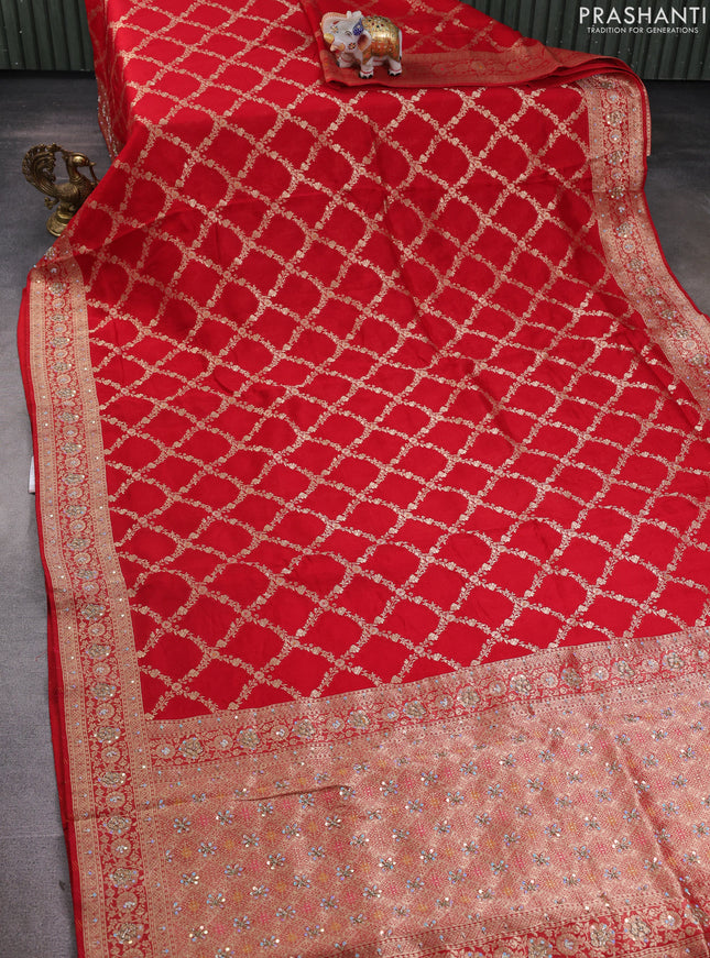 Banarasi silk saree red with allover zari weaves and sequin work & zari border