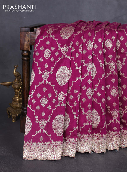 Banarasi silk saree wine shade with allover zari weaves and mirror gotapatti embroidery border