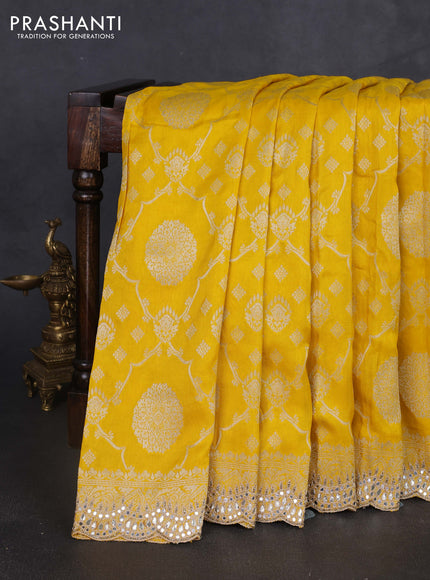 Banarasi silk saree yellow with allover zari weaves and mirror gotapatti embroidery border