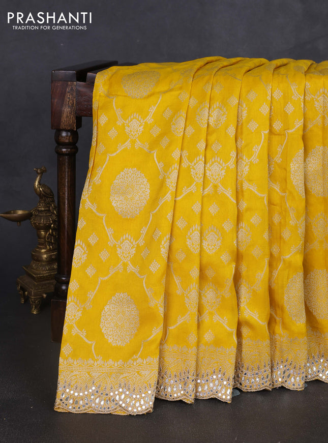 Banarasi silk saree yellow with allover zari weaves and mirror gotapatti embroidery border