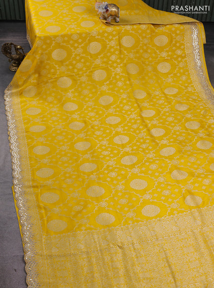 Banarasi silk saree yellow with allover zari weaves and mirror gotapatti embroidery border