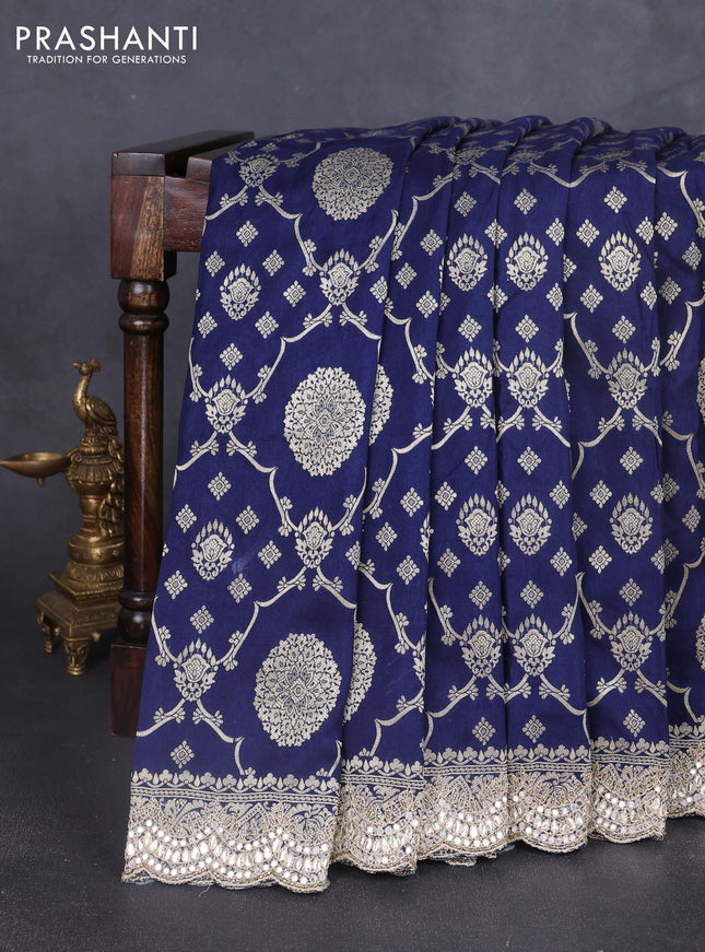 Banarasi silk saree navy blue with allover zari weaves and mirror gotapatti embroidery border