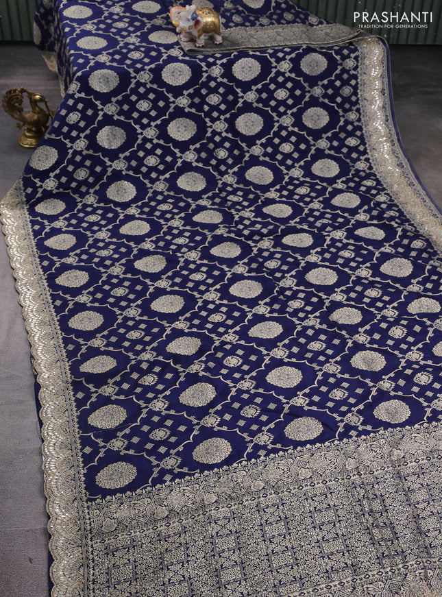 Banarasi silk saree navy blue with allover zari weaves and mirror gotapatti embroidery border