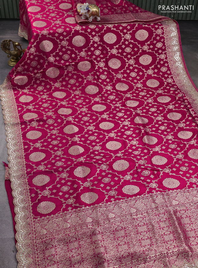 Banarasi silk saree pink with allover zari weaves and mirror gotapatti embroidery border