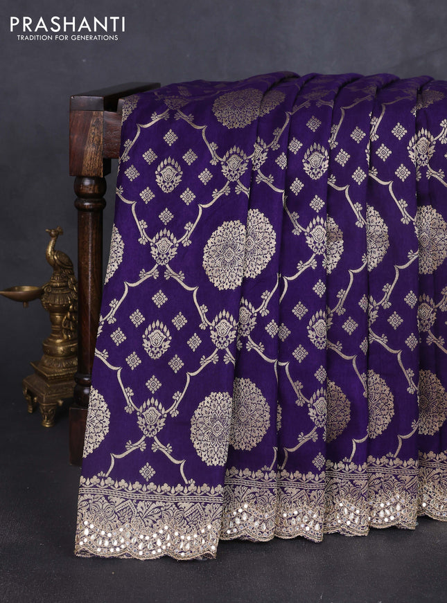 Banarasi silk saree violet with allover zari weaves and mirror gotapatti embroidery border