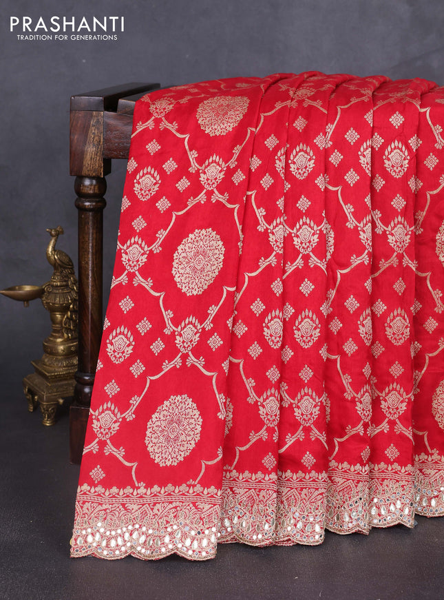 Banarasi silk saree red with allover zari weaves and mirror gotapatti embroidery border