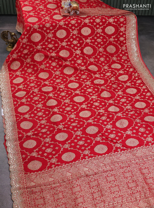 Banarasi silk saree red with allover zari weaves and mirror gotapatti embroidery border