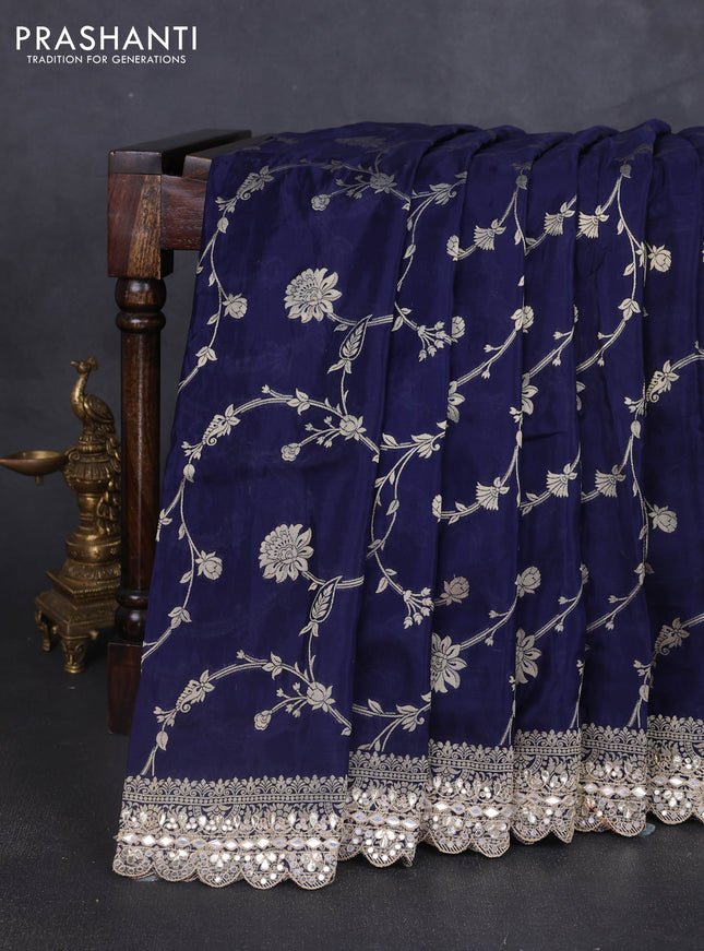 Banarasi silk saree navy blue with allover floral zari weaves and mirror gotapatti embroidery border
