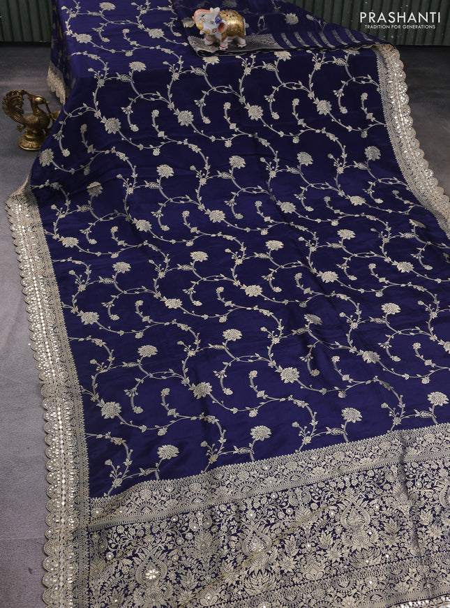 Banarasi silk saree navy blue with allover floral zari weaves and mirror gotapatti embroidery border
