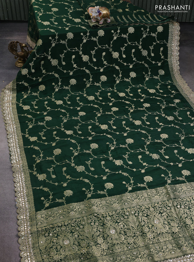 Banarasi silk saree bottle green with allover floral zari weaves and mirror gotapatti embroidery border