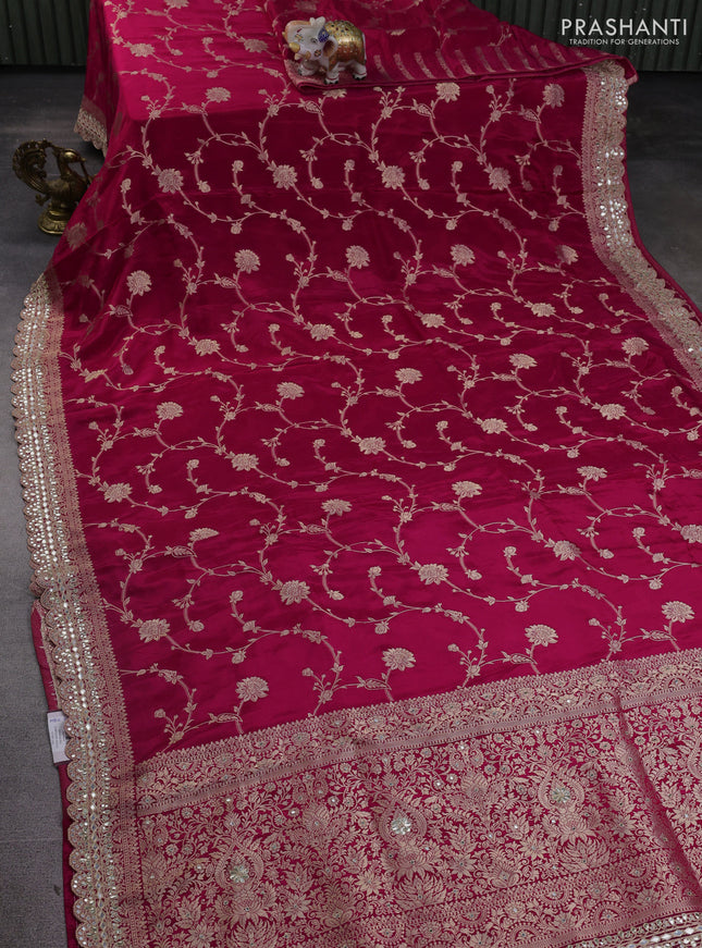 Banarasi silk saree pink with allover floral zari weaves and mirror gotapatti embroidery border