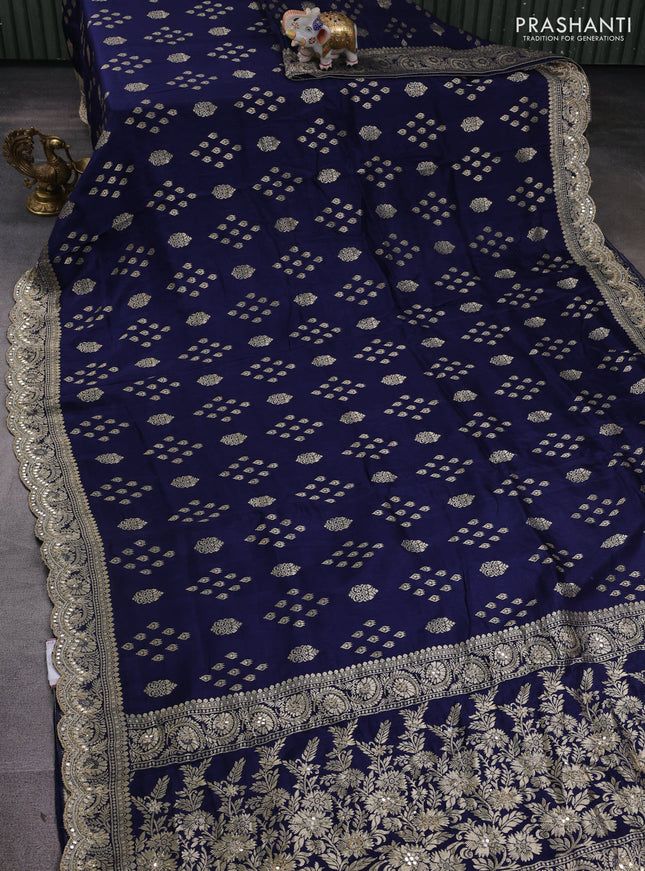 Banarasi silk saree navy blue with allover zari woven buttas and mirror gotapatti embroidery border