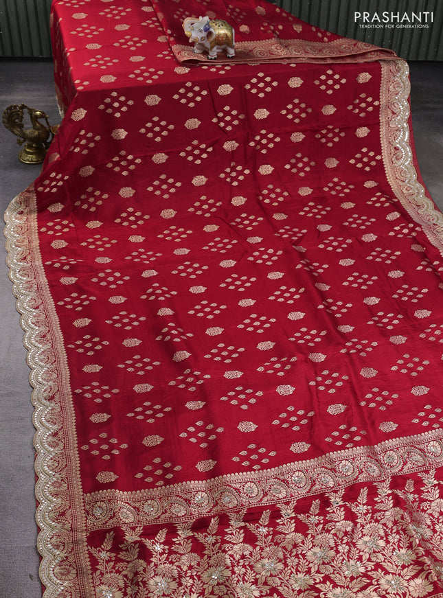 Banarasi silk saree red with allover zari woven buttas and mirror gotapatti embroidery border