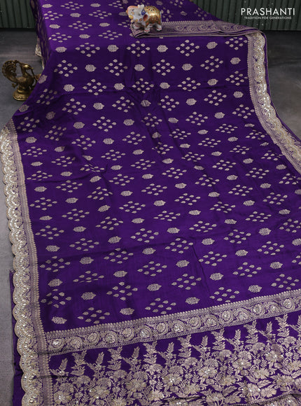 Banarasi silk saree violet with allover zari woven buttas and mirror gotapatti embroidery border