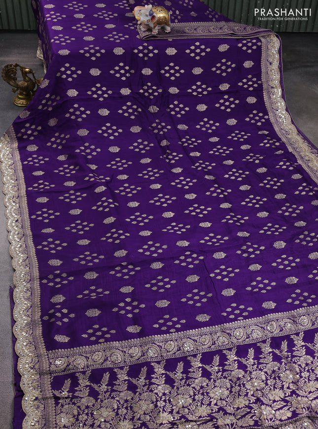 Banarasi silk saree violet with allover zari woven buttas and mirror gotapatti embroidery border