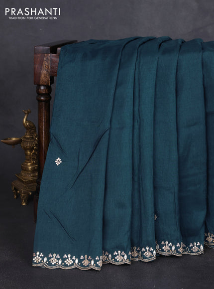 Banarasi silk saree peacock blue with mirror embroidery buttas and mirror embroidery border