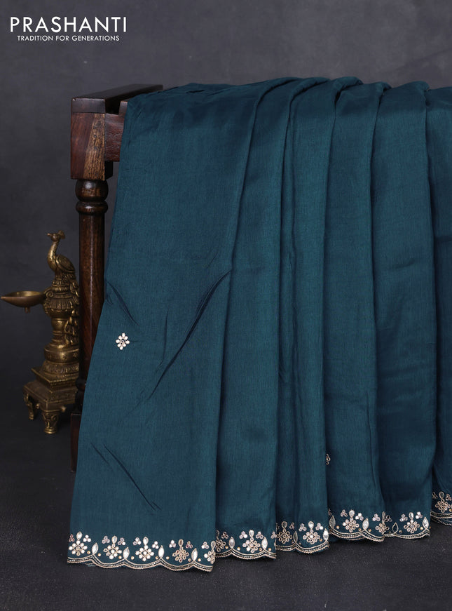 Banarasi silk saree peacock blue with mirror embroidery buttas and mirror embroidery border