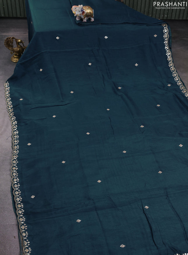Banarasi silk saree peacock blue with mirror embroidery buttas and mirror embroidery border