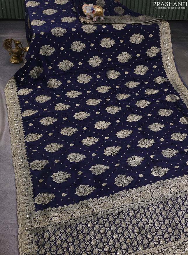 Banarasi silk saree navy blue with allover woven buttas and mirror & beaded work embroidery border