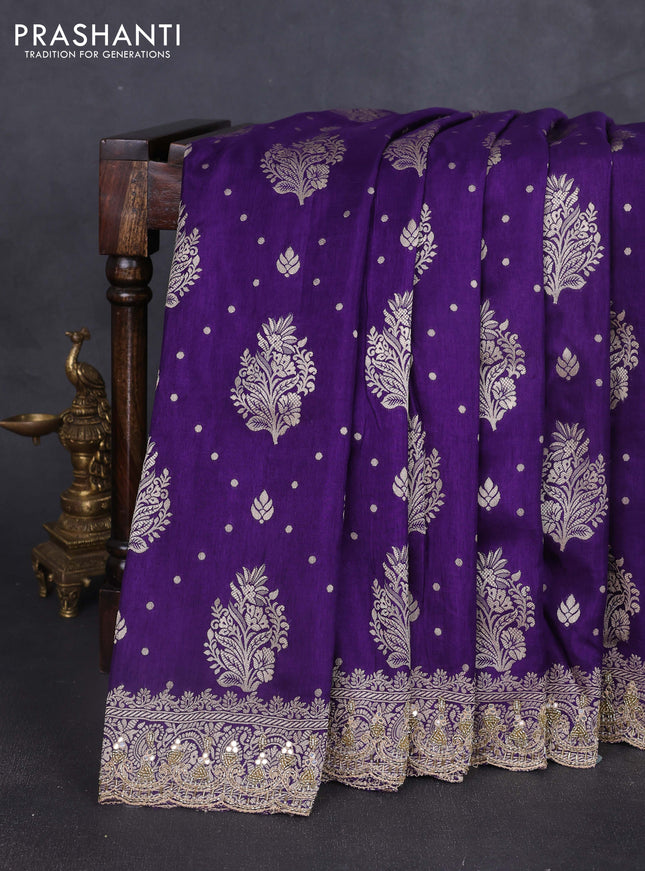 Banarasi silk saree violet with allover woven buttas and mirror & beaded work embroidery border