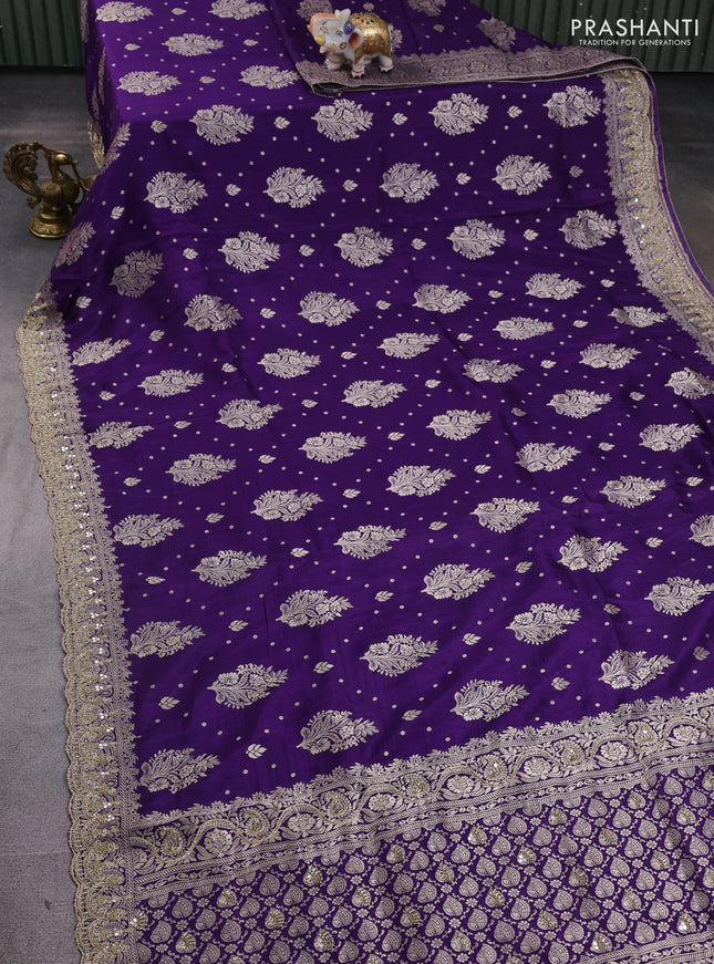 Banarasi silk saree violet with allover woven buttas and mirror & beaded work embroidery border