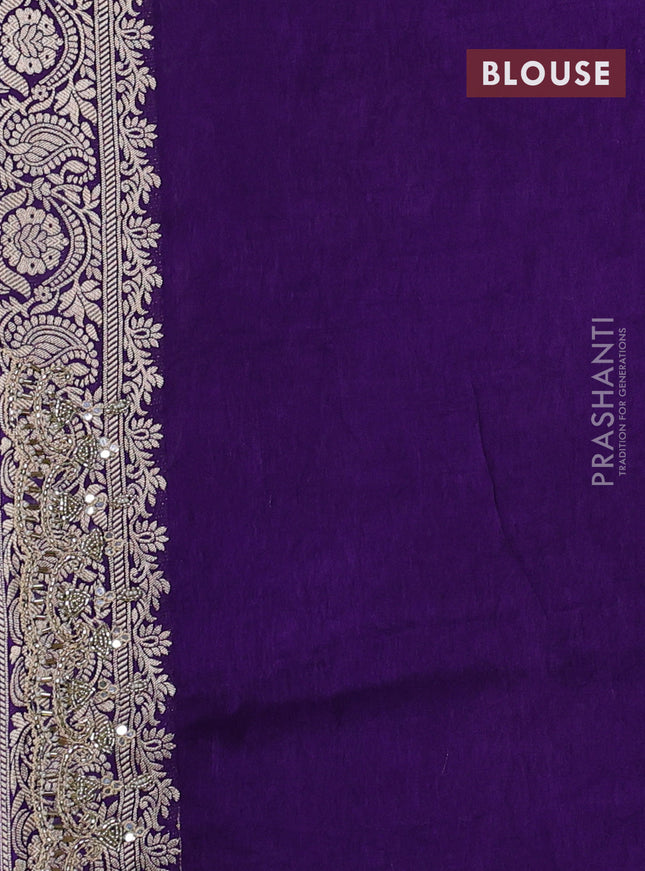 Banarasi silk saree violet with allover woven buttas and mirror & beaded work embroidery border