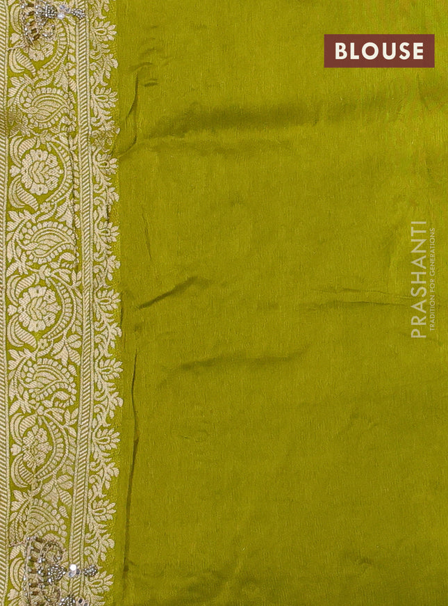 Banarasi silk saree lime green with allover woven buttas and mirror & beaded work embroidery border
