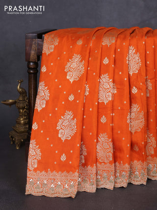 Banarasi silk saree orange with allover woven buttas and mirror & beaded work embroidery border