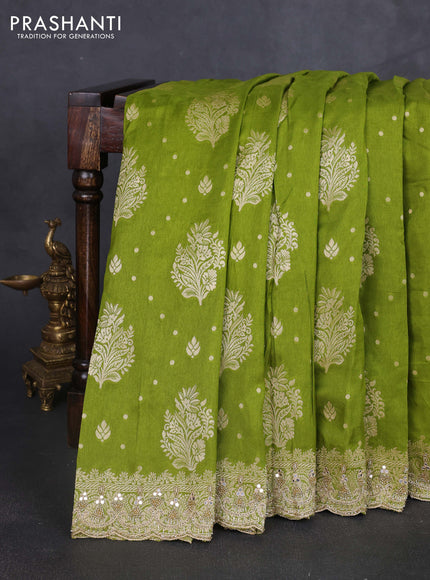 Banarasi silk saree mehendi green with allover woven buttas and mirror & beaded work embroidery border