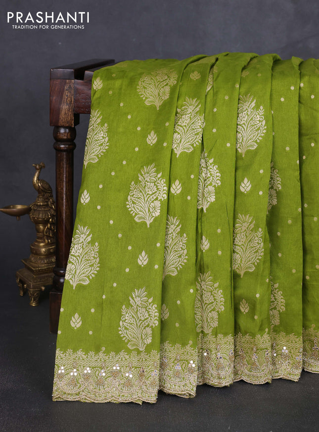 Banarasi silk saree mehendi green with allover woven buttas and mirror & beaded work embroidery border