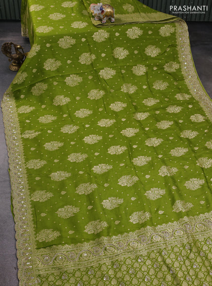 Banarasi silk saree mehendi green with allover woven buttas and mirror & beaded work embroidery border